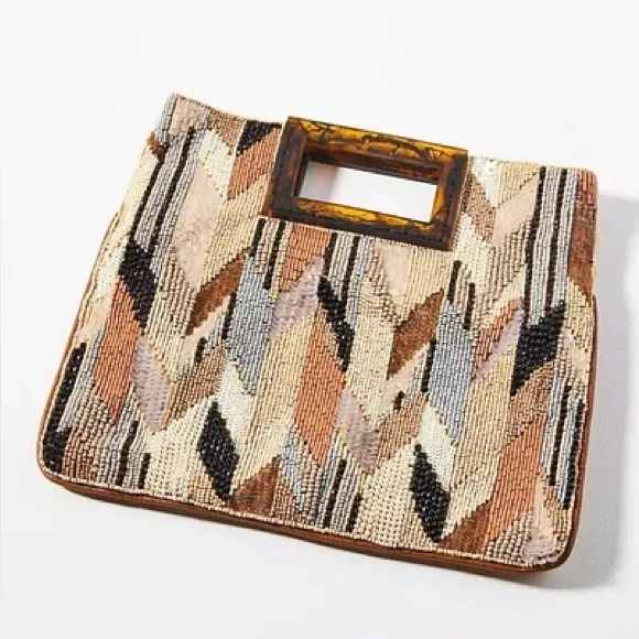 NWT Anthropologie Geometric Beaded Clutch in Beige Acrylic Handle Brown Black - Picture 2 of 11